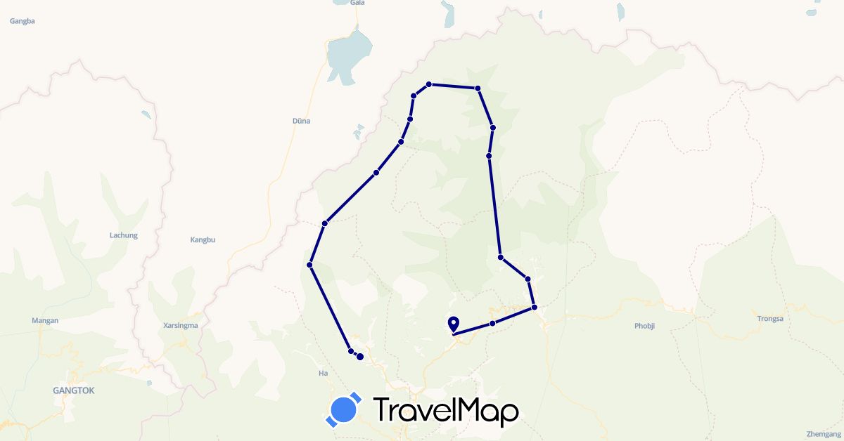 TravelMap itinerary: driving in Bhutan, China (Asia)